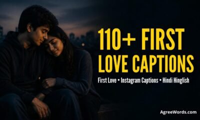 First love captions for Instagram, couple photo with bold yellow headline text
