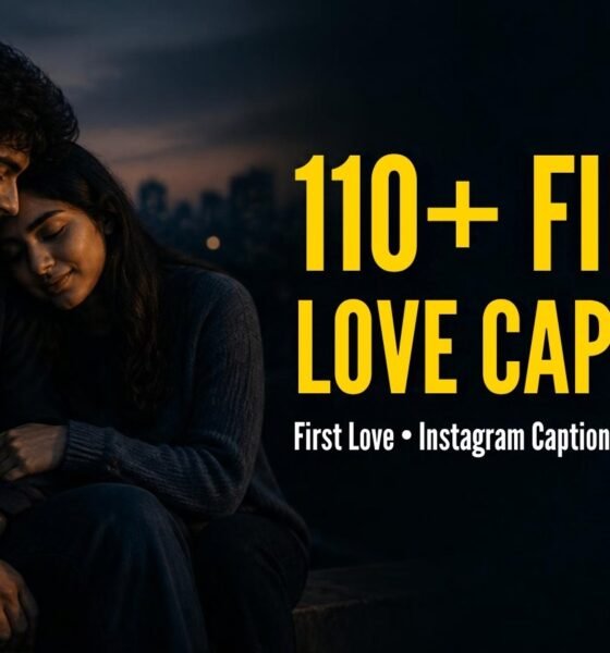 First love captions for Instagram, couple photo with bold yellow headline text