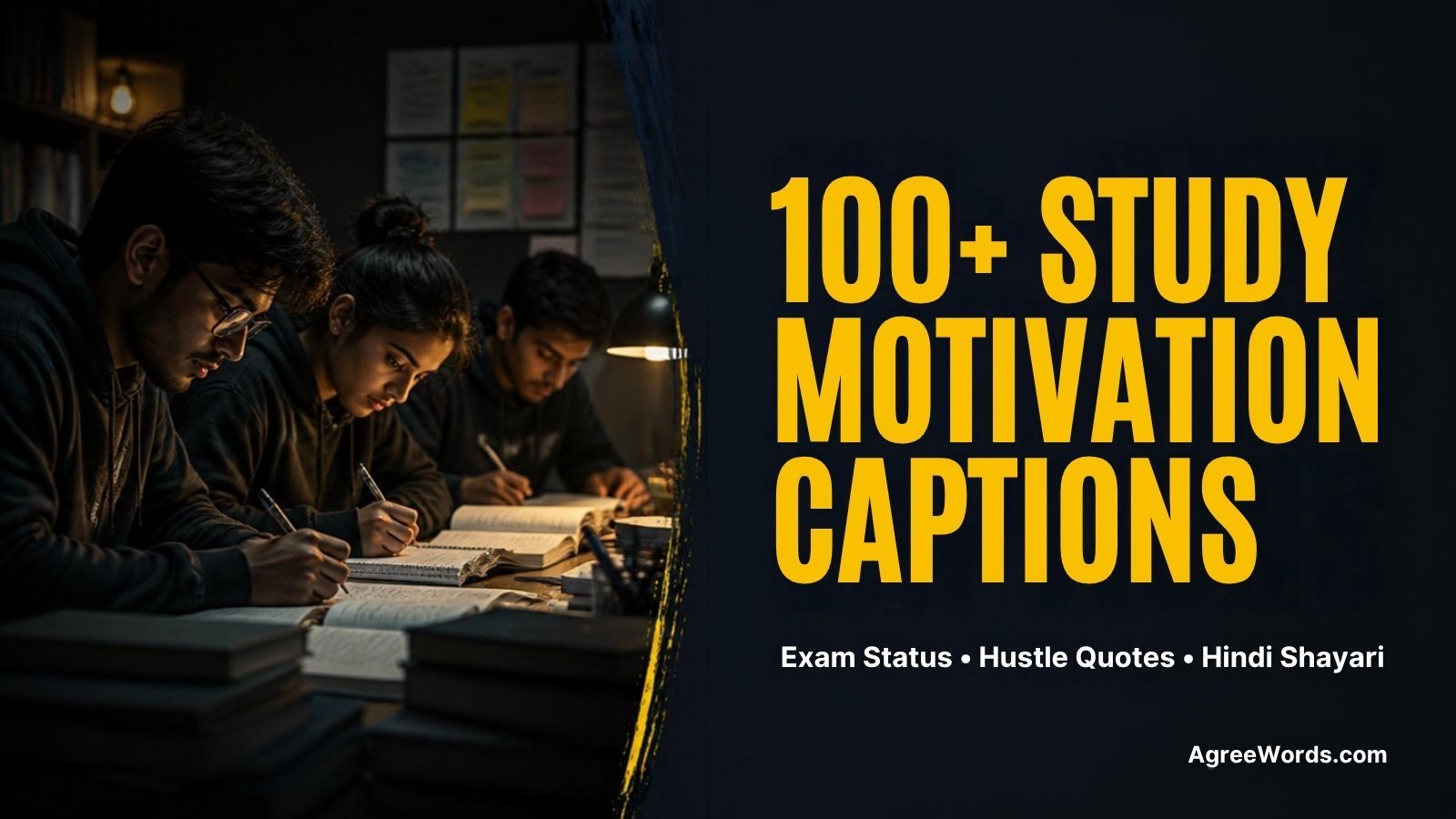 Indian student studying late at night with books, study motivation captions text overlay