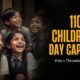 Laughing Indian school children in uniform with the text 110 Children's Day Captions