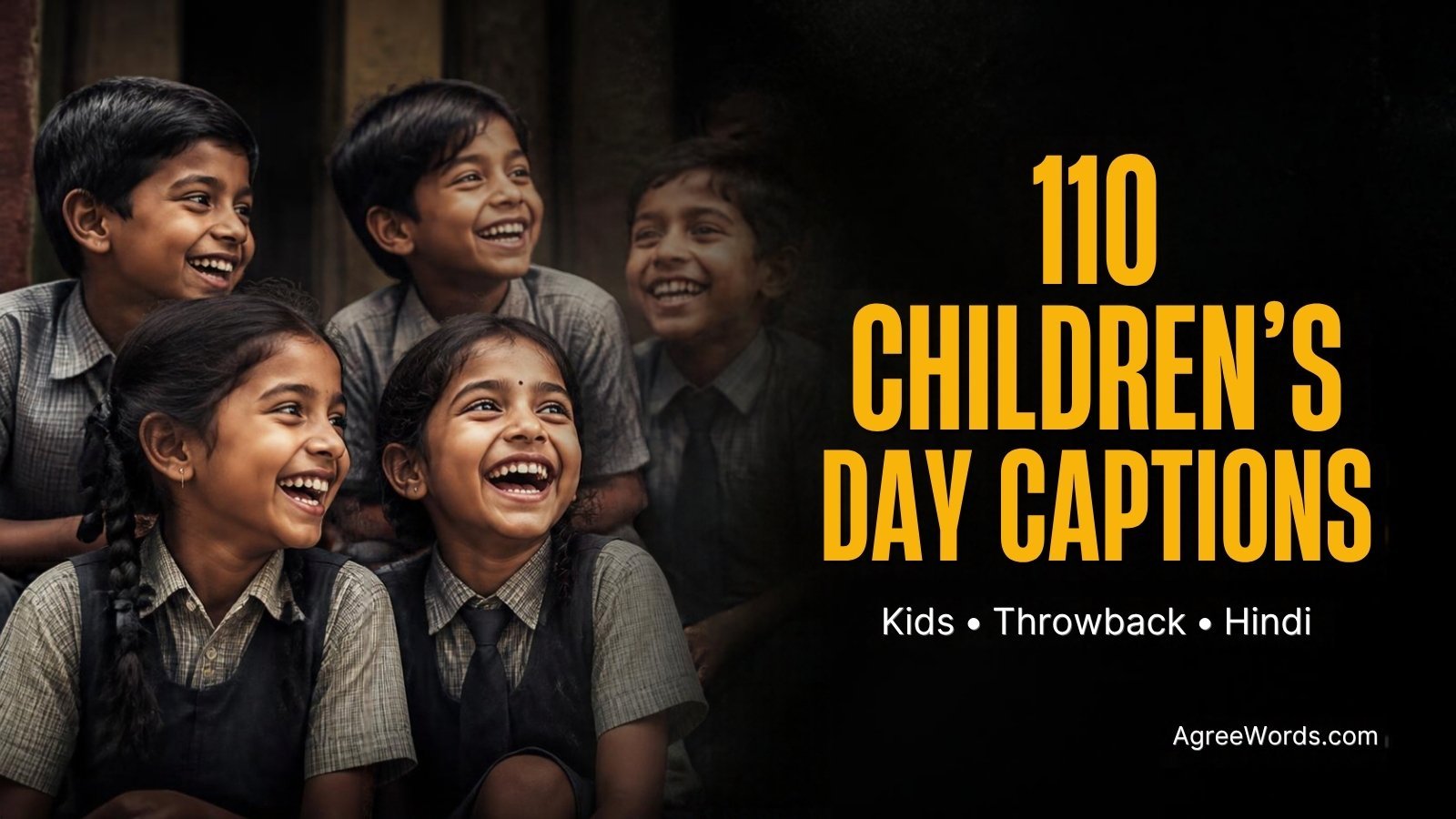 Laughing Indian school children in uniform with the text 110 Children's Day Captions