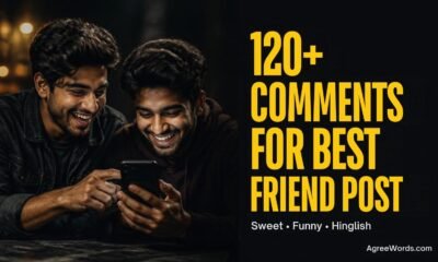 Two best friends laughing at a phone with text 120 plus comments for best friend post