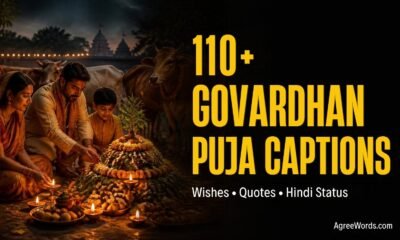 Indian family doing Govardhan Puja with Annakut food thali and diyas, 110+ Govardhan Puja captions for Instagram text overlay