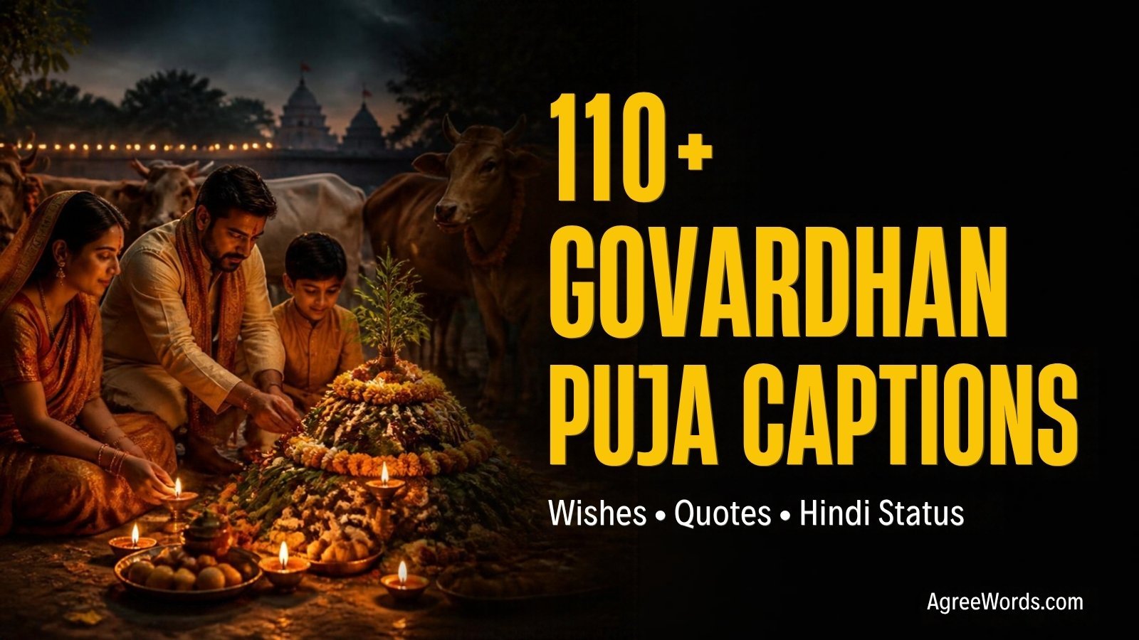 Indian family doing Govardhan Puja with Annakut food thali and diyas, 110+ Govardhan Puja captions for Instagram text overlay