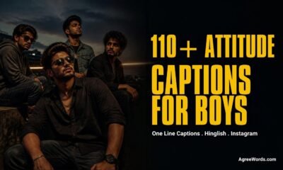 Boy with confident attitude pose, text 110 plus attitude captions for boys