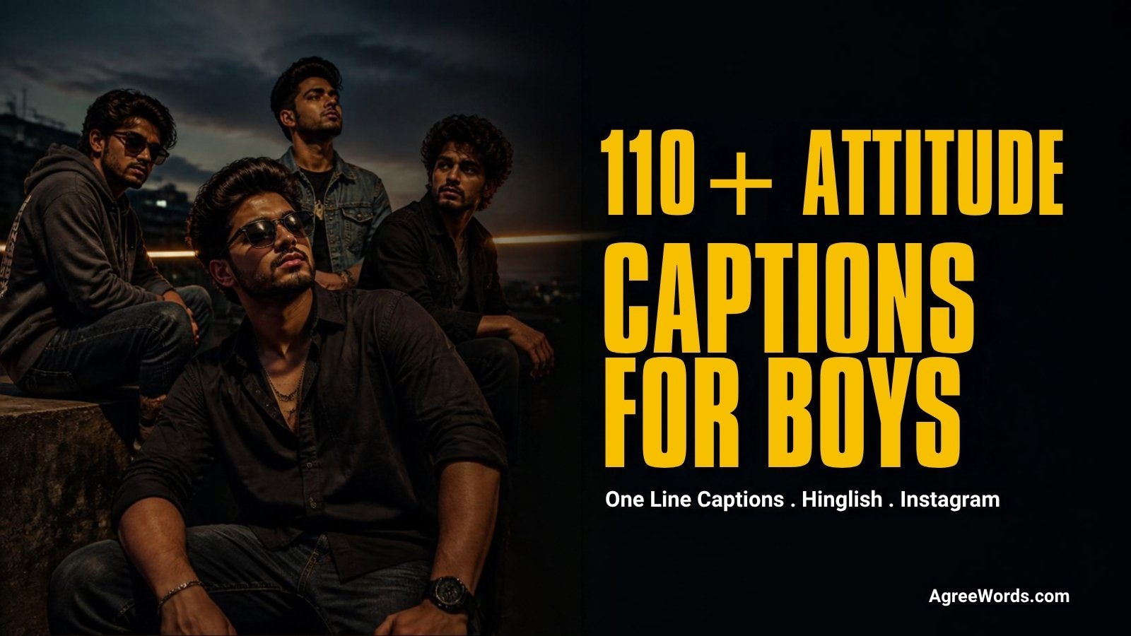 Boy with confident attitude pose, text 110 plus attitude captions for boys