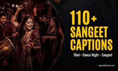Indian wedding sangeet night dance floor with dhol, colourful lights and 110+ sangeet captions text