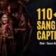 Indian wedding sangeet night dance floor with dhol, colourful lights and 110+ sangeet captions text