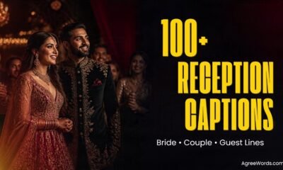 Indian bride and groom walking into their wedding reception in red and gold outfits
