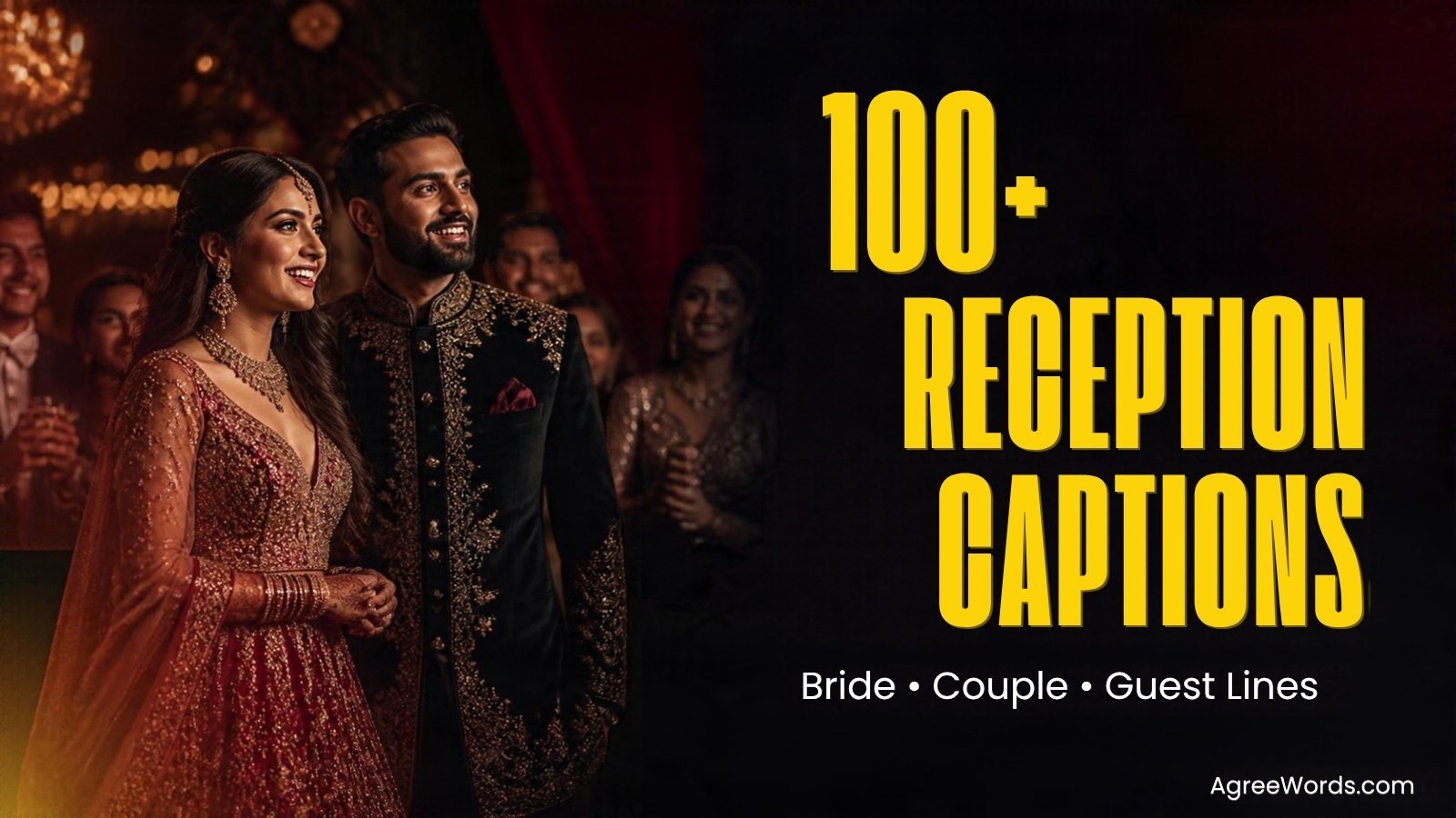 Indian bride and groom walking into their wedding reception in red and gold outfits